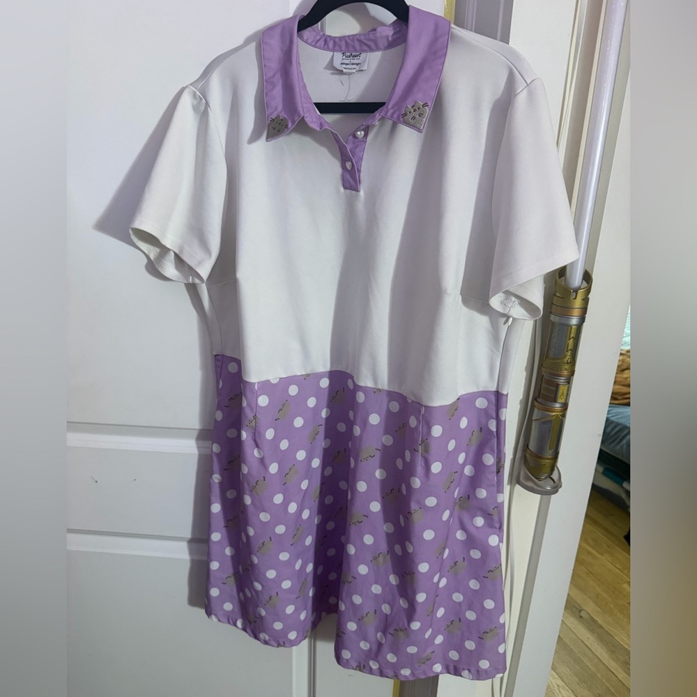 Pusheen Purple and White Polka Dot Unique Vintage Collared Shirtdress